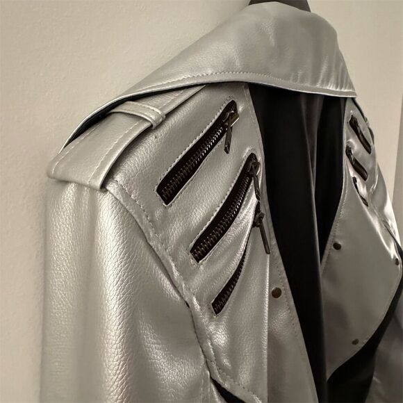 Vintage Leather Silver Black Motorcycle Jacket Unisex S - Picture 5 of 6